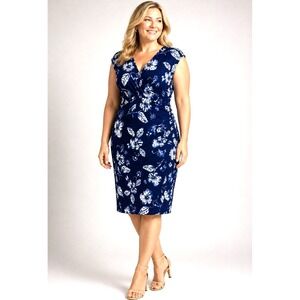 NEW! Lauren Ralph Lauren Floral Jersey Knit Dress Navy Blue SZ 14